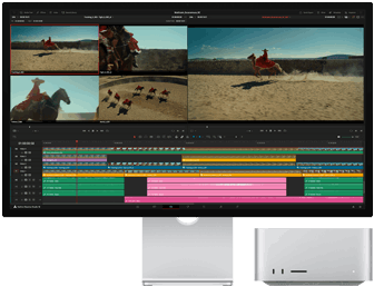 Una película está siendo editada con una Mac Studio y un Studio Display